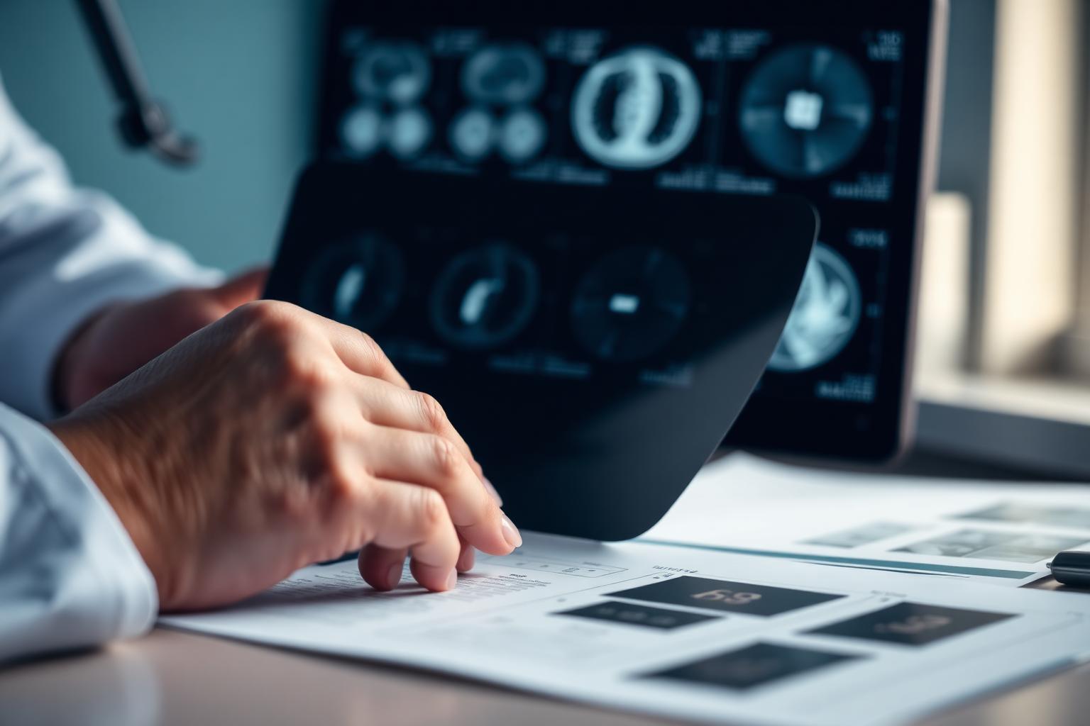 Doctor reviewing medical imaging and lab results